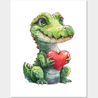 Valentine Crocodile Holding Heart Posters and Art